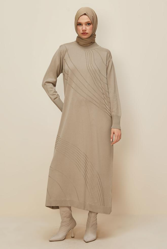 Hijab clothing BEIGE KNITWEAR DRESS 45888 - ALVİNA