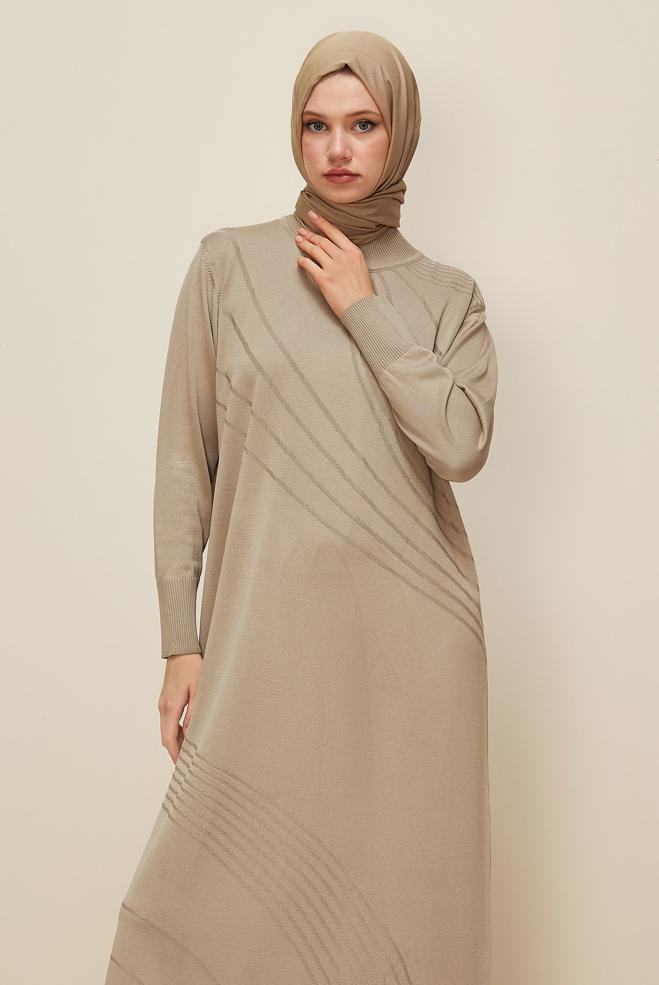 Hijab clothing BEIGE KNITWEAR DRESS 45888 - ALVİNA