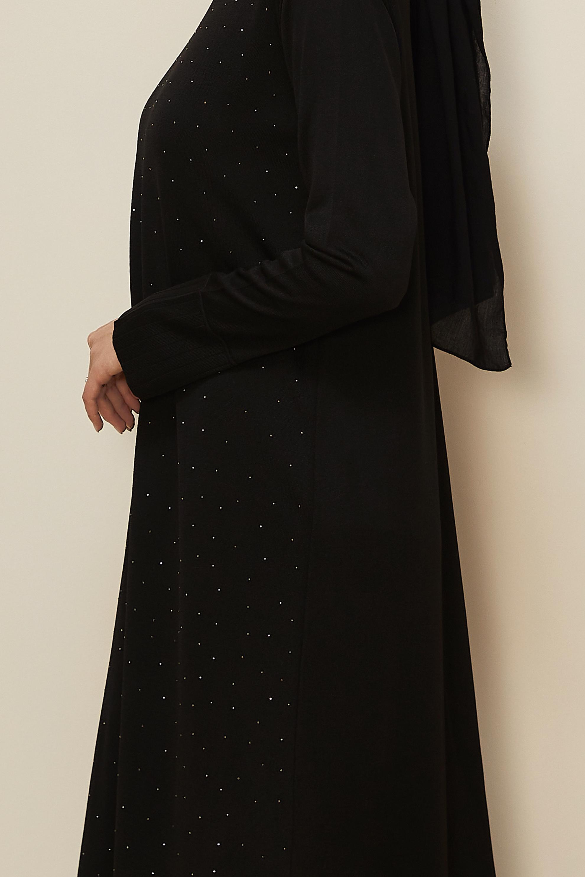 Tesettür giyim SİYAH TAŞ BASKILI TRİKO ELBİSE 45889