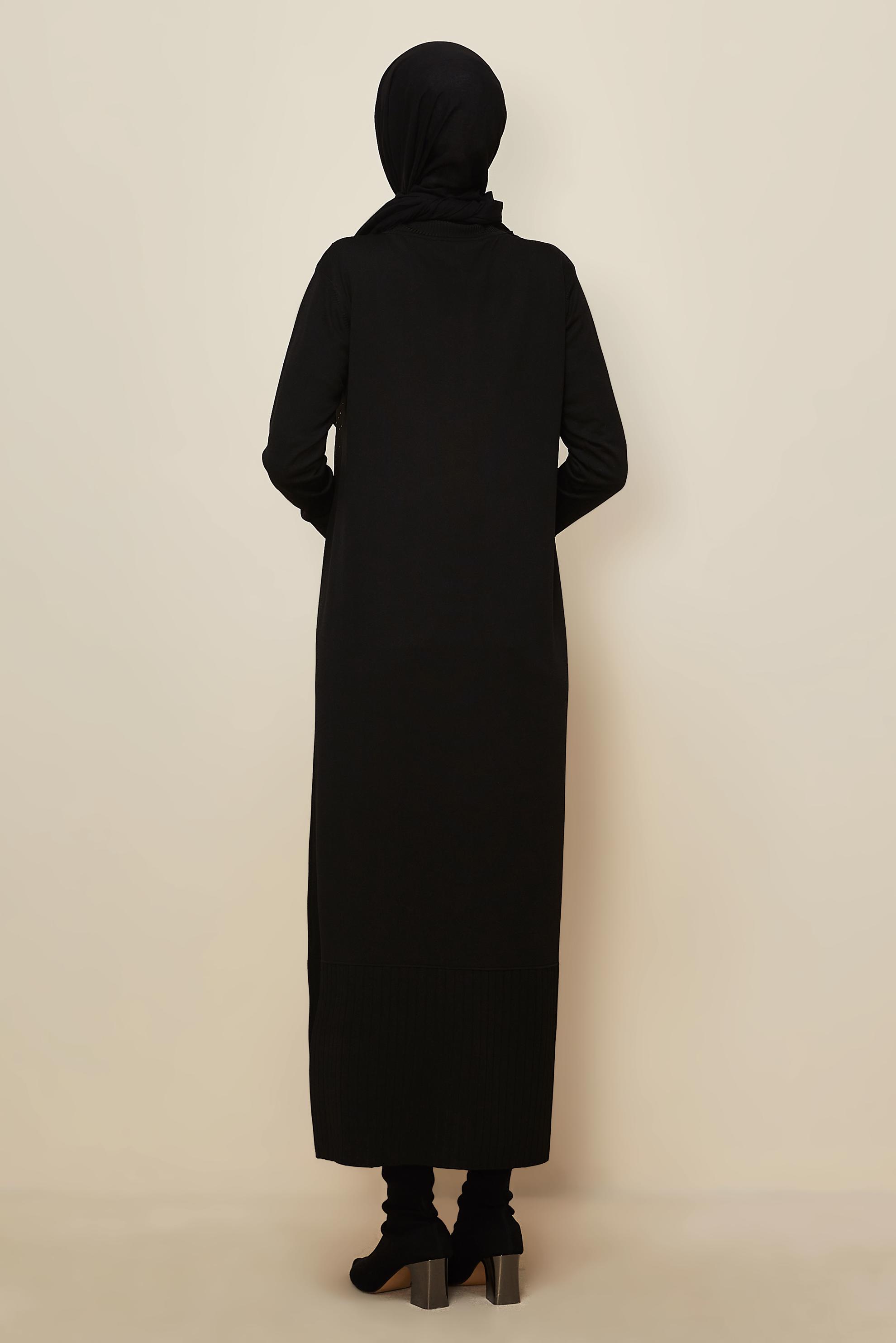 Tesettür giyim SİYAH TAŞ BASKILI TRİKO ELBİSE 45889