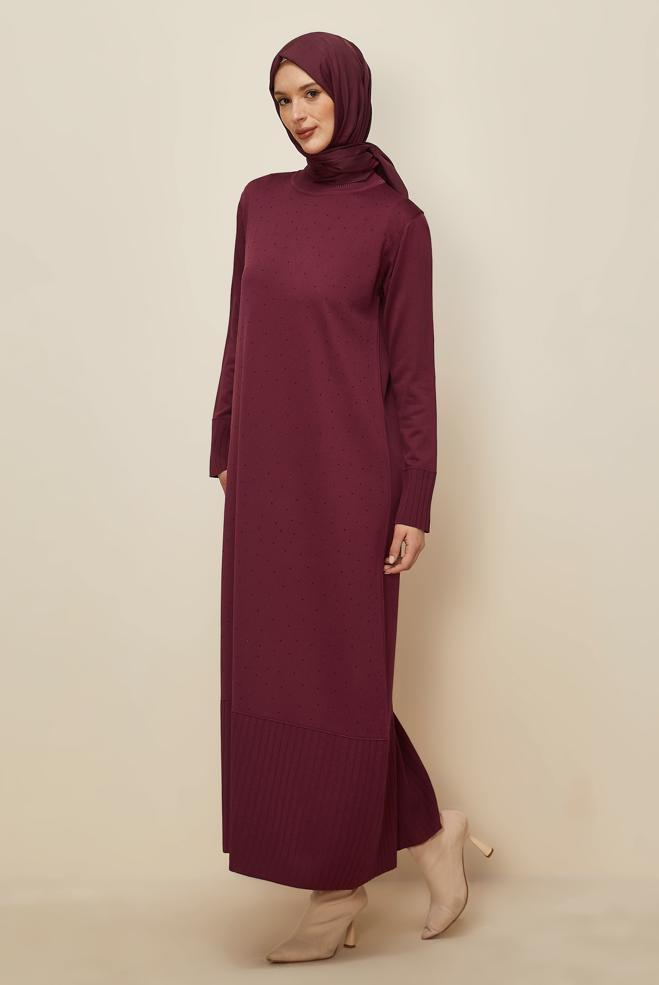 Tesettür giyim BORDO TAŞ BASKILI TRİKO ELBİSE 45889 - ALVİNA