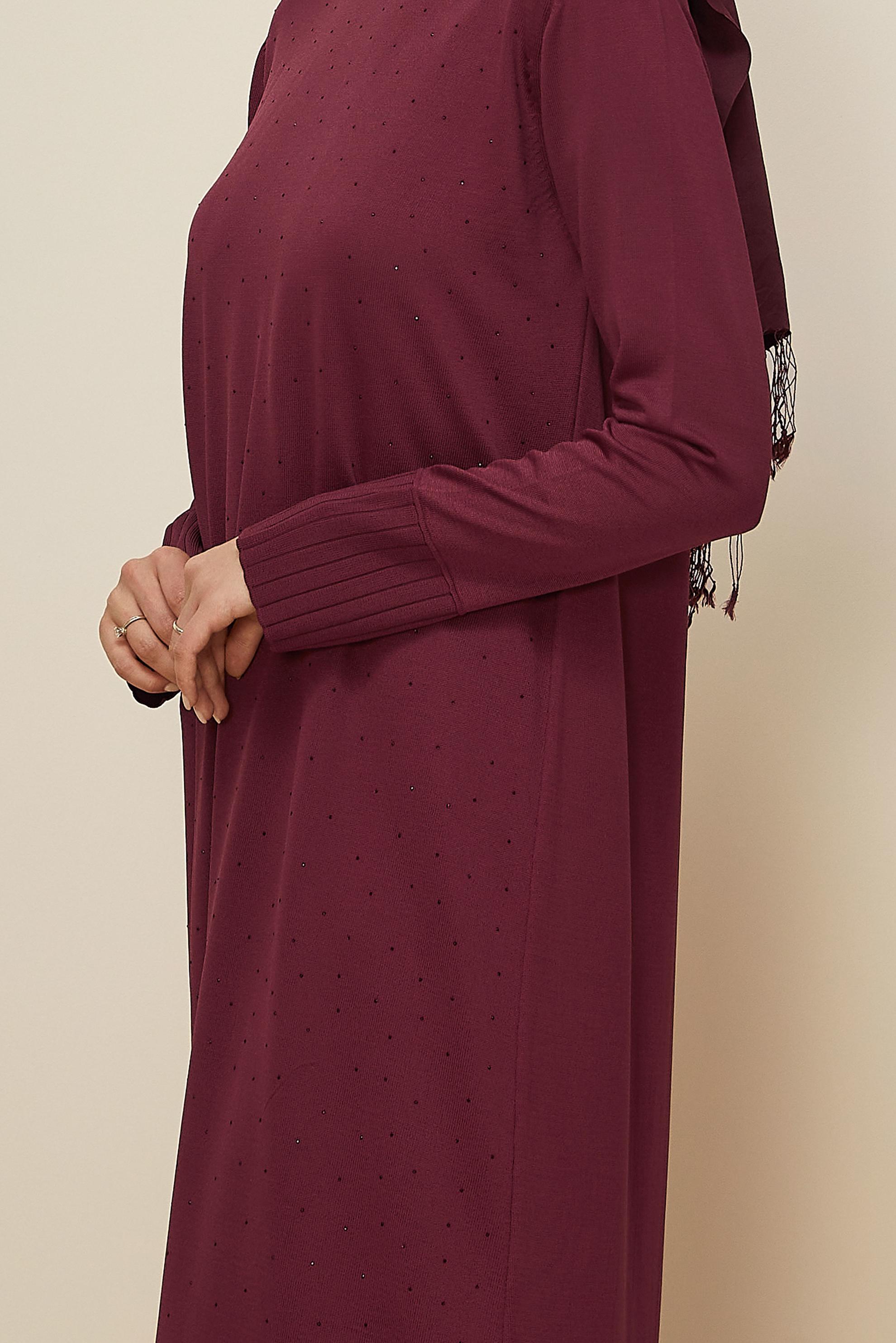 Tesettür giyim BORDO TAŞ BASKILI TRİKO ELBİSE 45889