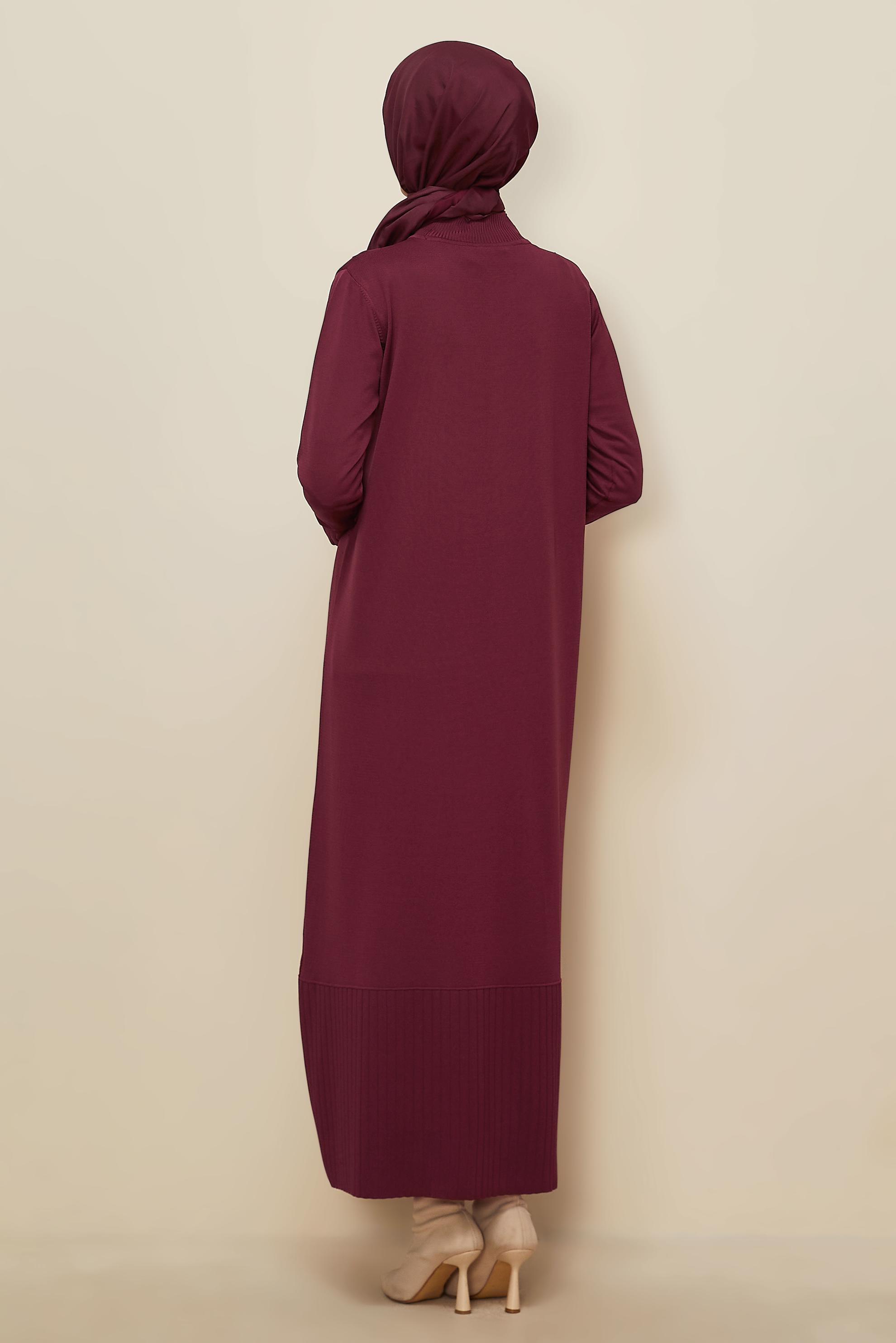 Tesettür giyim BORDO TAŞ BASKILI TRİKO ELBİSE 45889