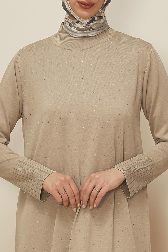 Tesettür giyim BEJ TAŞ BASKILI TRİKO ELBİSE 45889 - ALVİNA