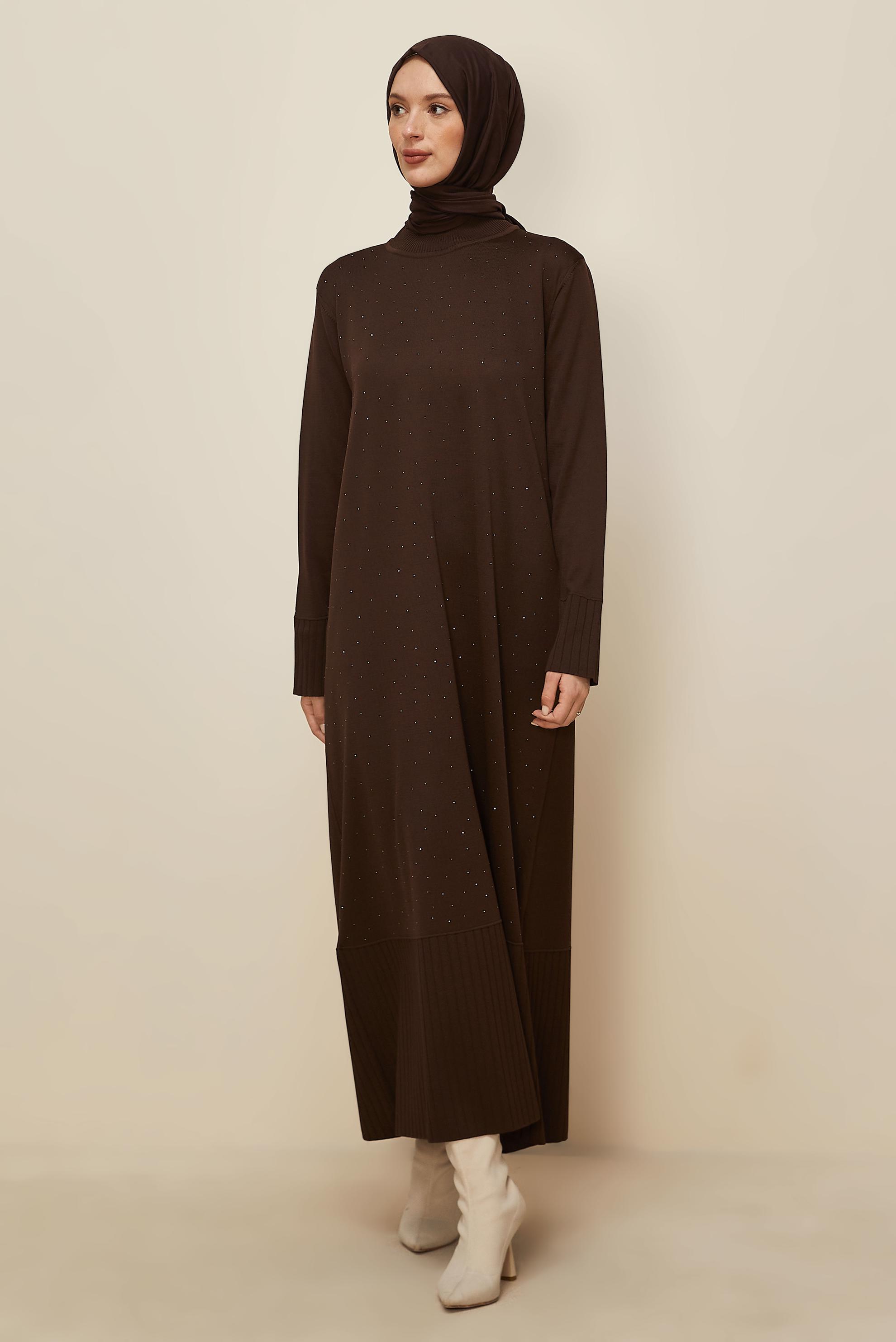 Tesettür giyim KAHVE TAŞ BASKILI TRİKO ELBİSE 45889