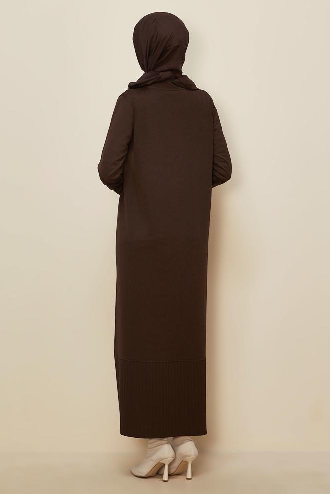 Tesettür giyim KAHVE TAŞ BASKILI TRİKO ELBİSE 45889 - ALVİNA