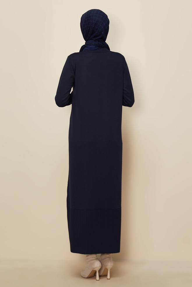 Tesettür giyim LACİVERT TAŞ BASKILI TRİKO ELBİSE 45889 - ALVİNA