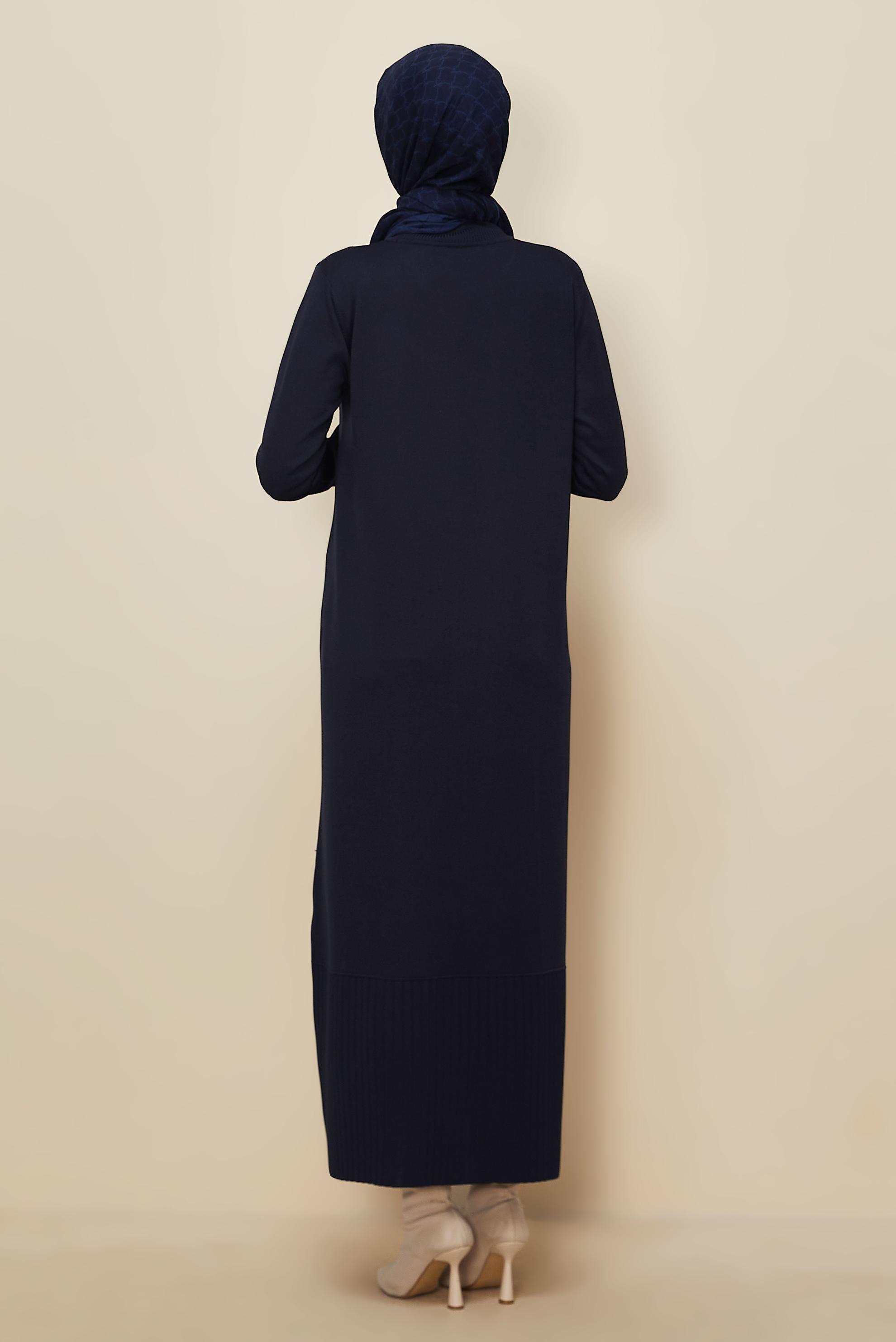 Tesettür giyim LACİVERT TAŞ BASKILI TRİKO ELBİSE 45889