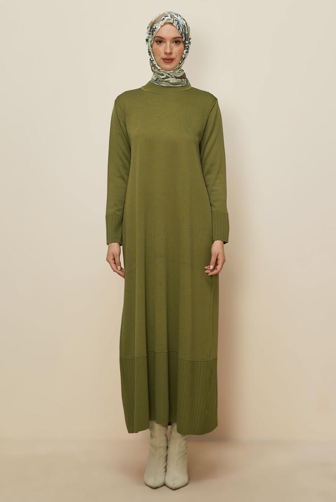 Tesettür giyim YEŞİL TAŞ BASKILI TRİKO ELBİSE 45889 - ALVİNA