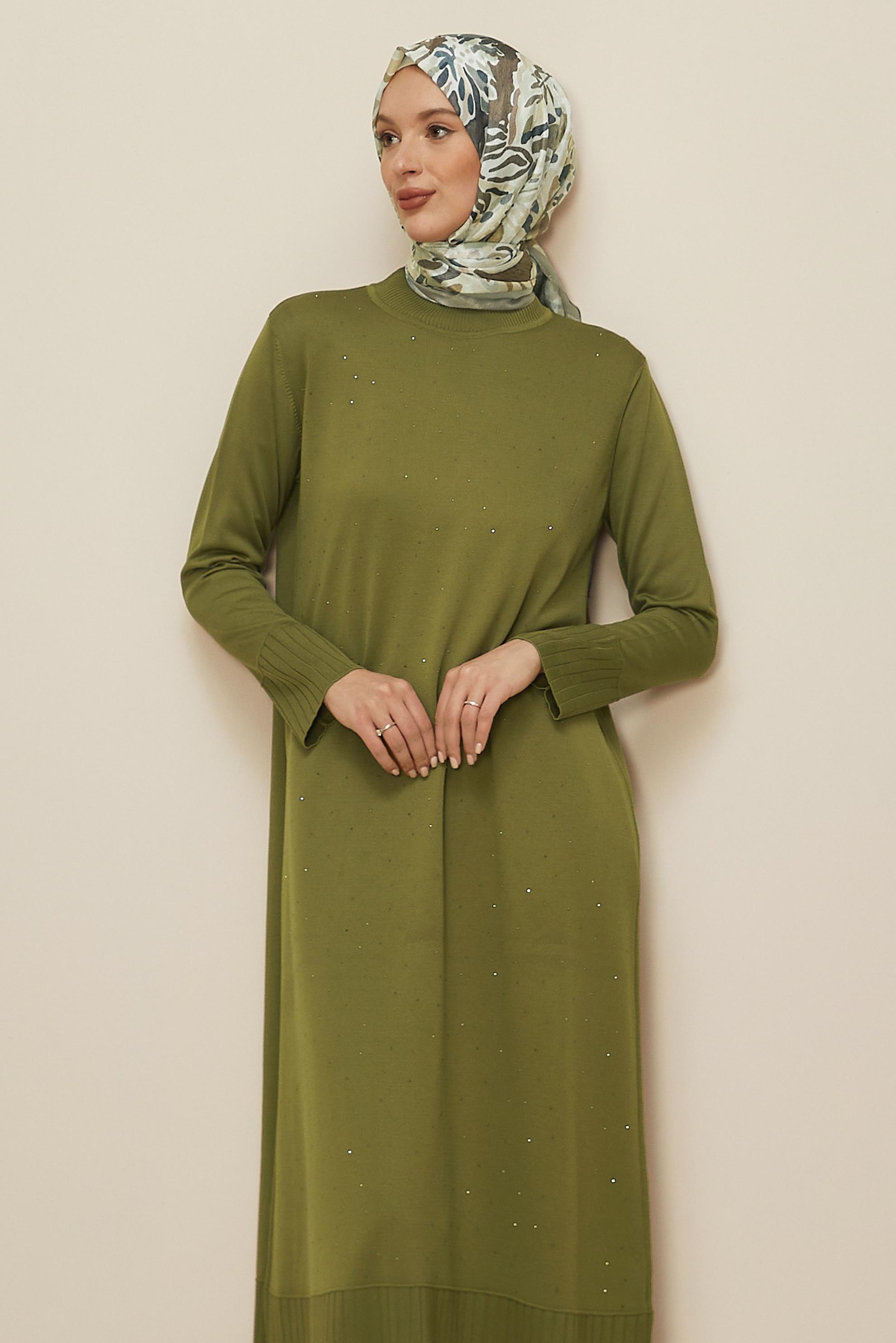 Tesettür giyim YEŞİL TAŞ BASKILI TRİKO ELBİSE 45889