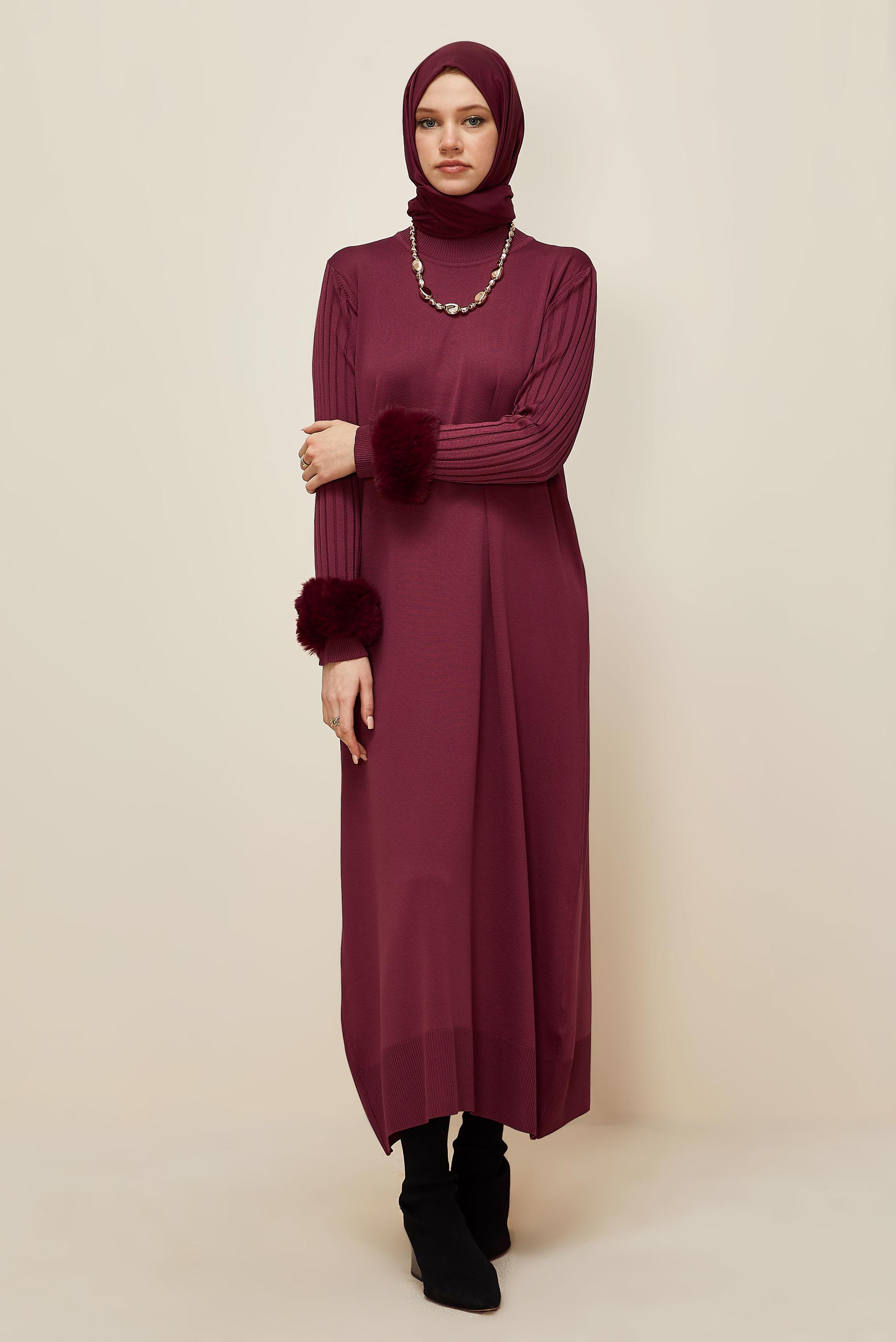 Hijab clothing CLARET RED FAUX-FUR DETAILED KNITWEAR DRESS 45890