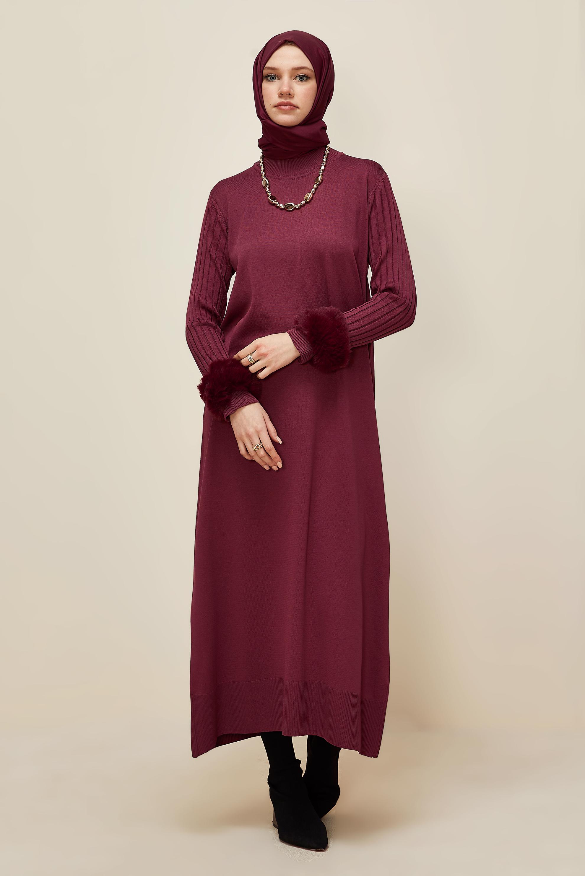 Hijab clothing CLARET RED FAUX-FUR DETAILED KNITWEAR DRESS 45890