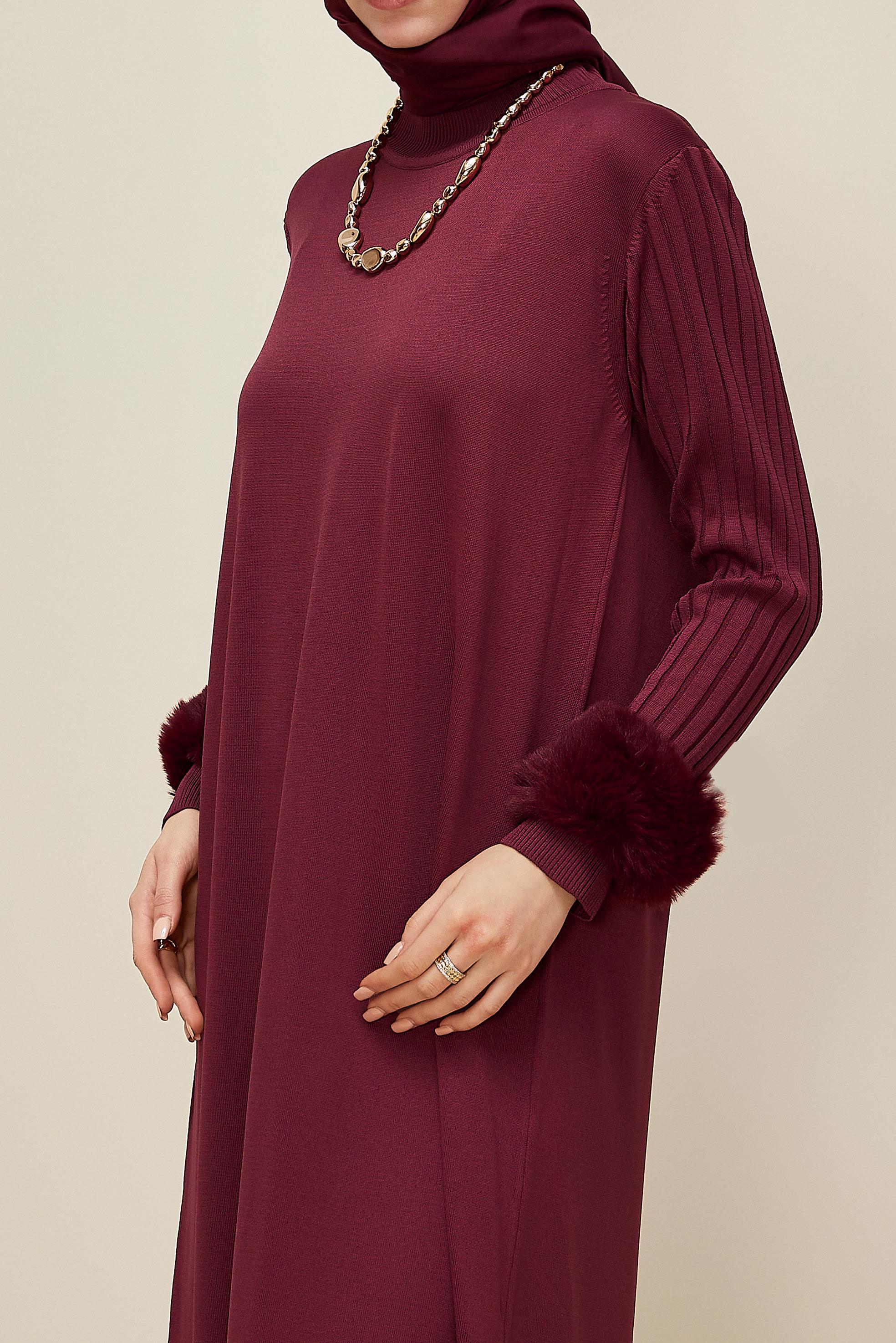 Hijab clothing CLARET RED FAUX-FUR DETAILED KNITWEAR DRESS 45890
