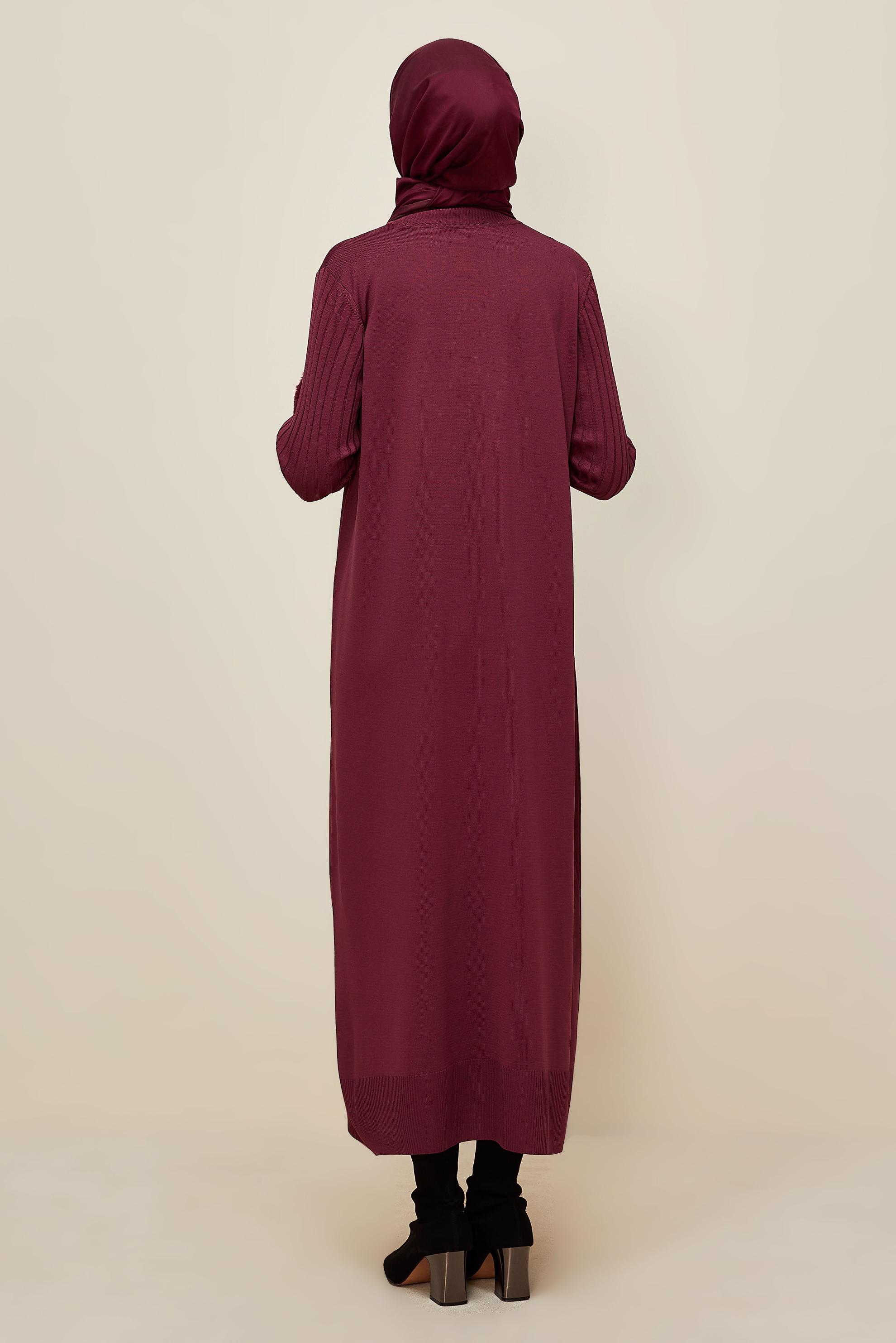 Hijab clothing CLARET RED FAUX-FUR DETAILED KNITWEAR DRESS 45890