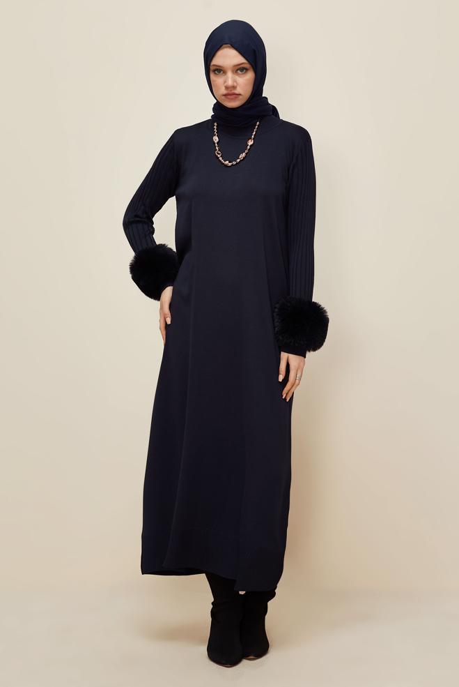 Hijab clothing NAVY BLUE FAUX-FUR DETAILED KNITWEAR DRESS 45890 - ALVİNA