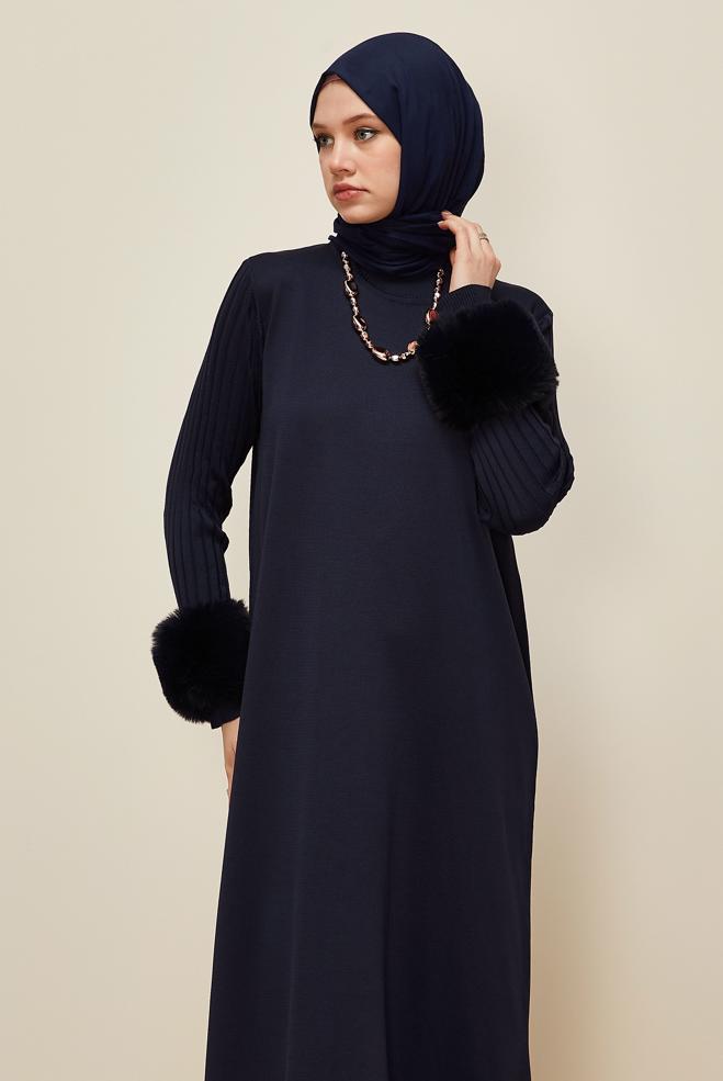 Hijab clothing NAVY BLUE FAUX-FUR DETAILED KNITWEAR DRESS 45890 - ALVİNA