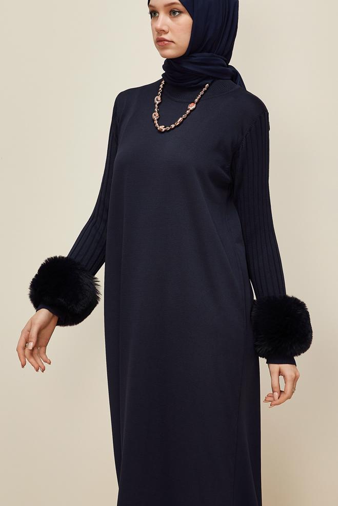 Hijab clothing NAVY BLUE FAUX-FUR DETAILED KNITWEAR DRESS 45890 - ALVİNA