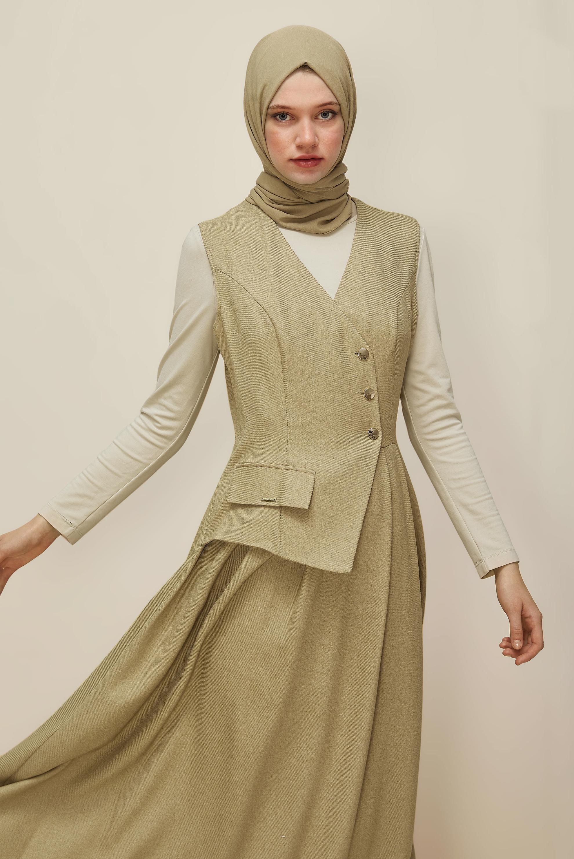 Tesettür giyim BEJ JİLE ELBİSE 45940