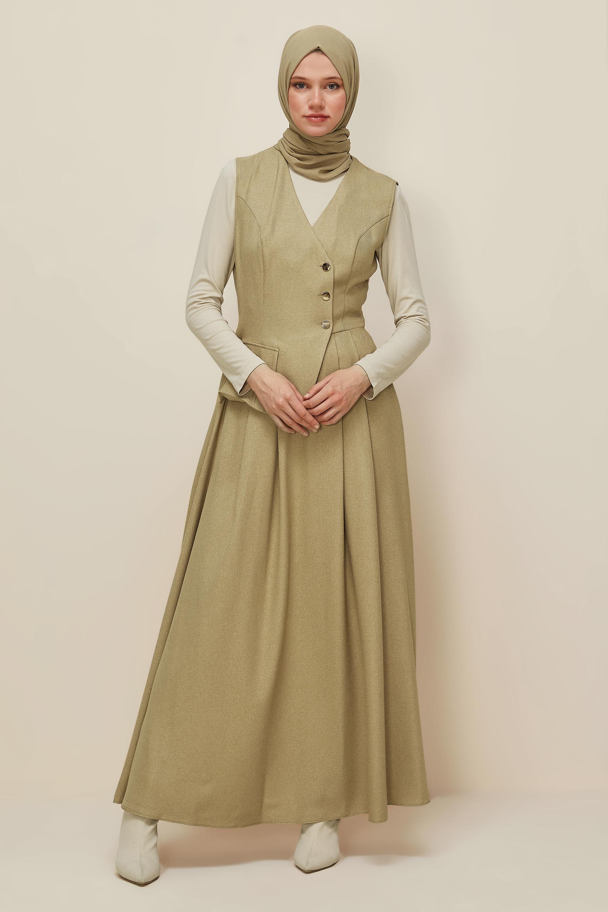 Tesettür giyim BEJ JİLE ELBİSE 45940