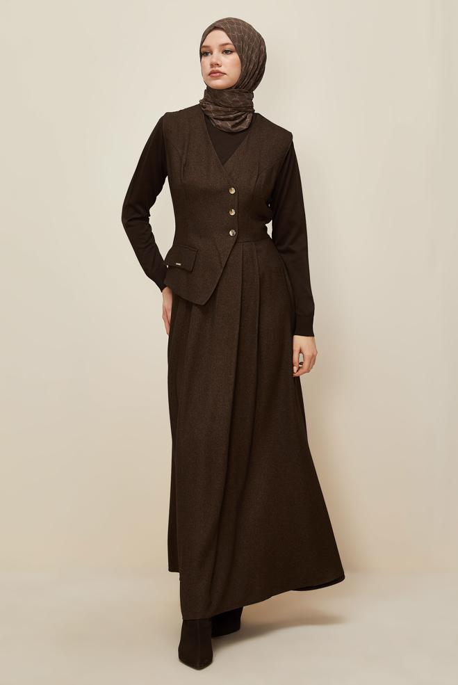 Tesettür giyim KAHVE JİLE ELBİSE 45940 - ALVİNA