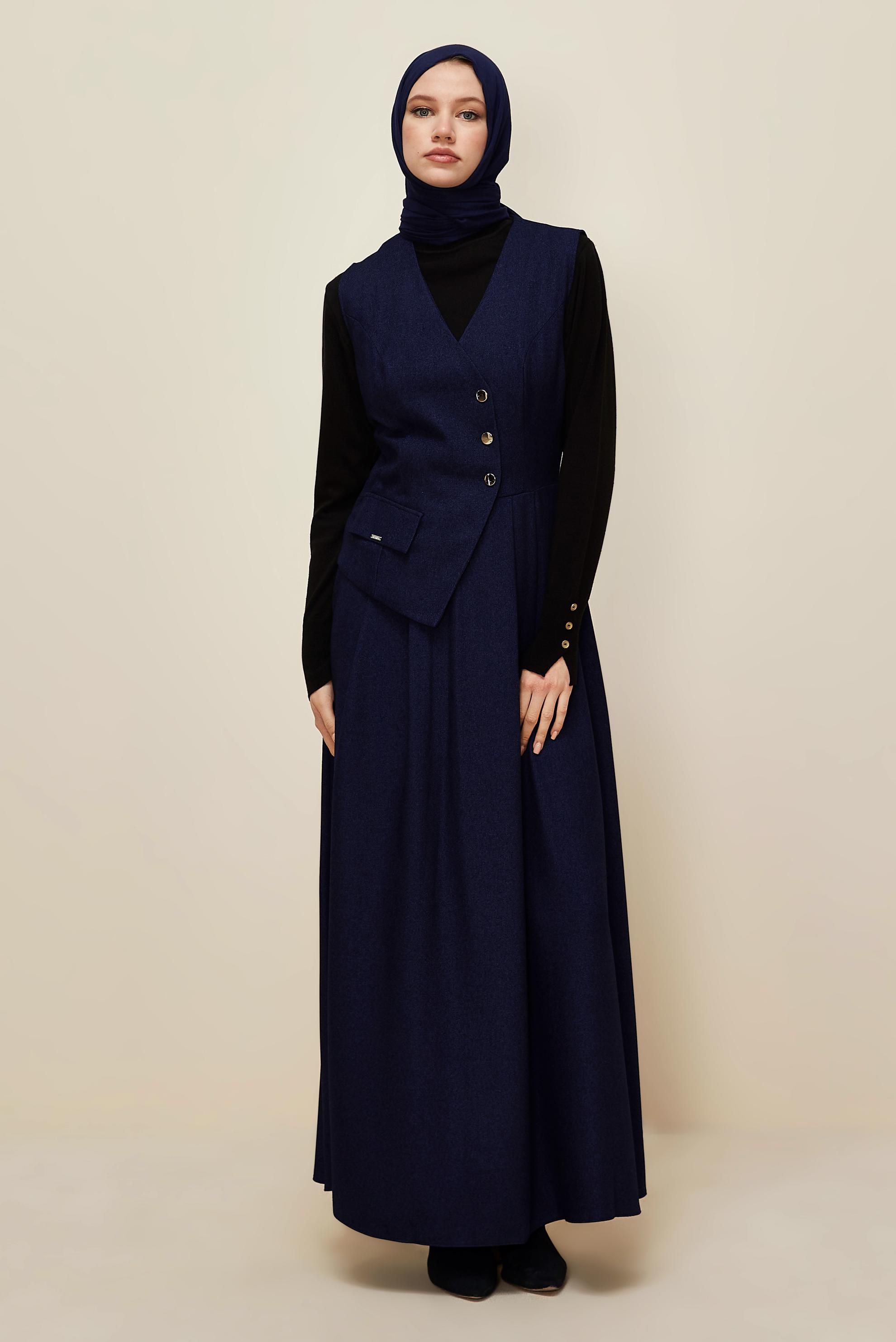 Tesettür giyim LACİVERT JİLE ELBİSE 45940