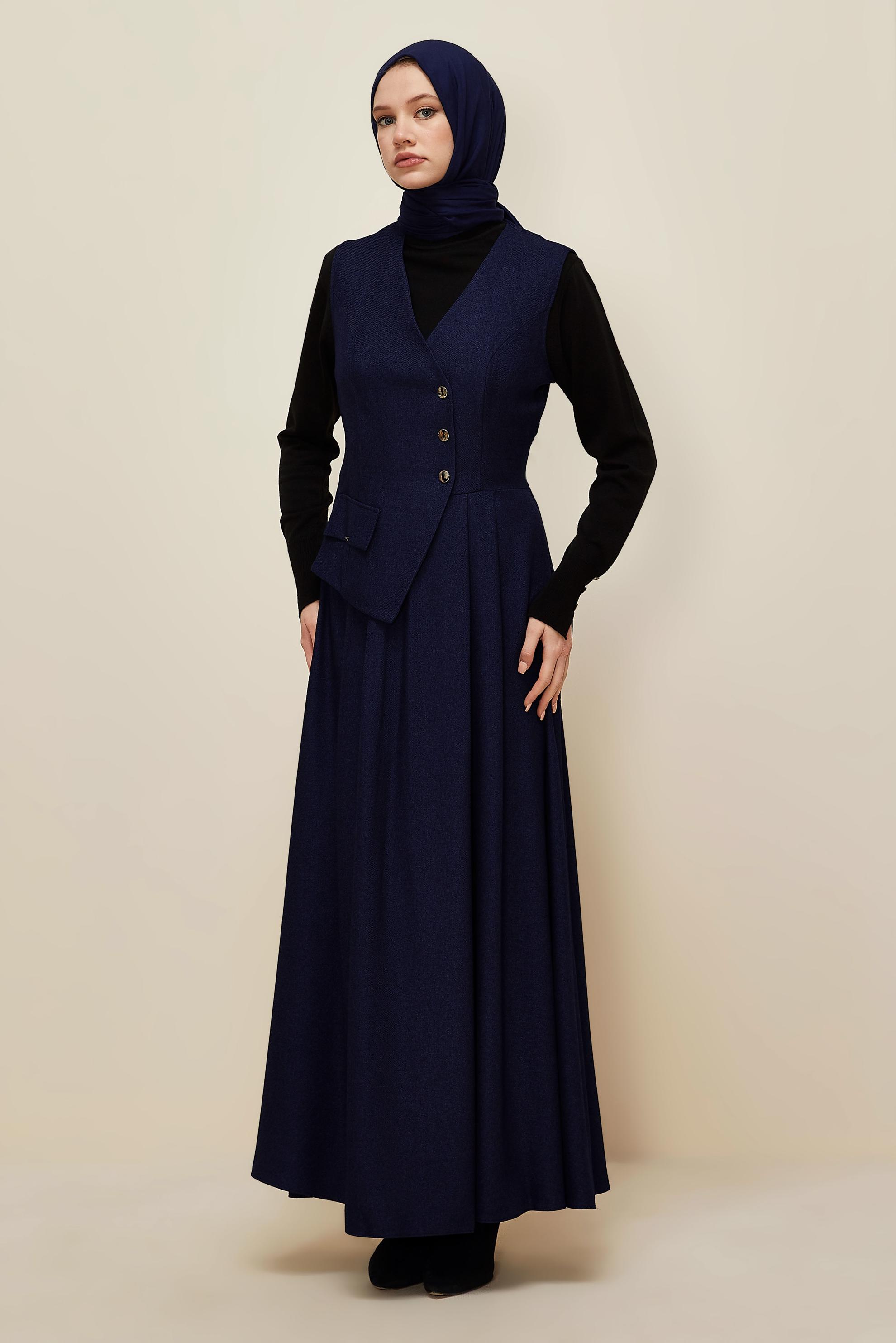 Tesettür giyim LACİVERT JİLE ELBİSE 45940