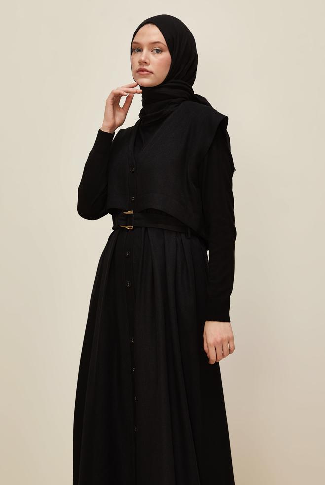 Vêtements hijab NOIR ROBE CHASUBLE CEINTURÉE 45944 - ALVİNA