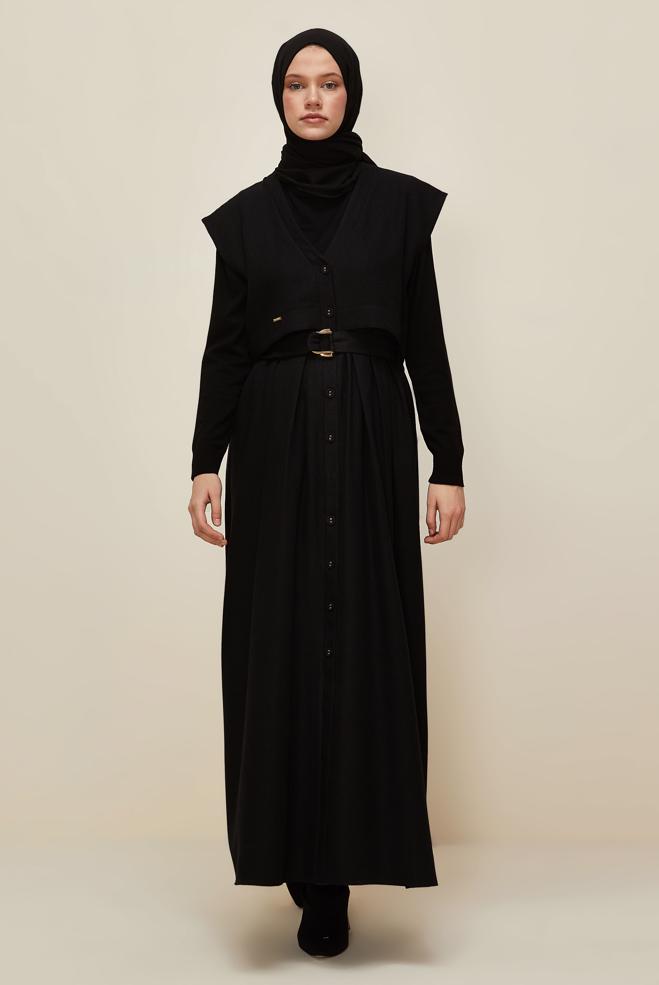 Vêtements hijab NOIR ROBE CHASUBLE CEINTURÉE 45944 - ALVİNA