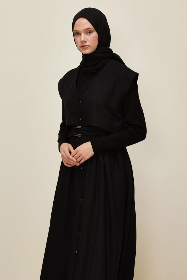 Vêtements hijab NOIR ROBE CHASUBLE CEINTURÉE 45944 - ALVİNA