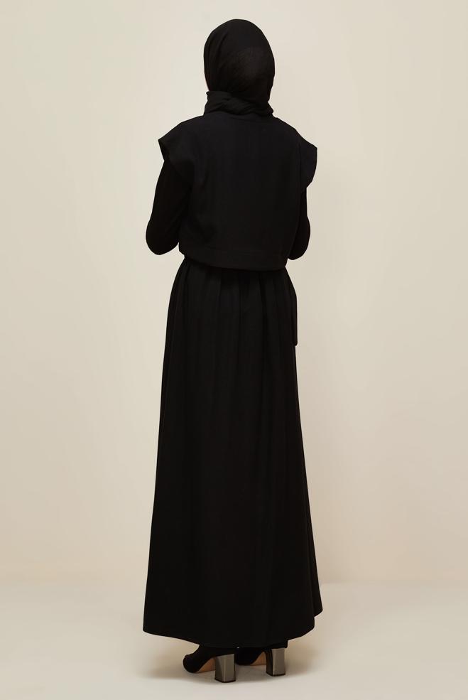 Vêtements hijab NOIR ROBE CHASUBLE CEINTURÉE 45944 - ALVİNA