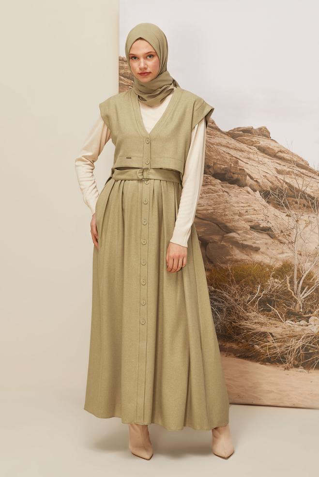 Tesettür giyim BEJ KEMERLİ JİLE ELBİSE 45944 - ALVİNA