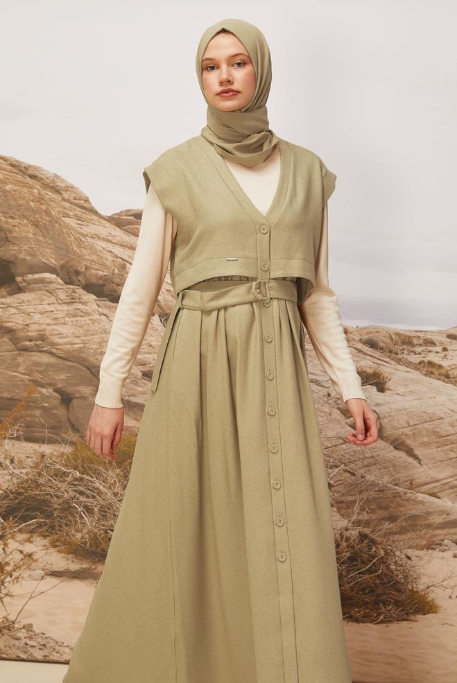Tesettür giyim BEJ KEMERLİ JİLE ELBİSE 45944 - ALVİNA