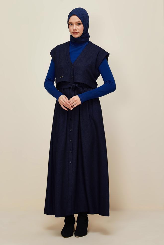 Hijab clothing NAVY BLUE BELTED PINAFORE DRESS 45944 - ALVİNA