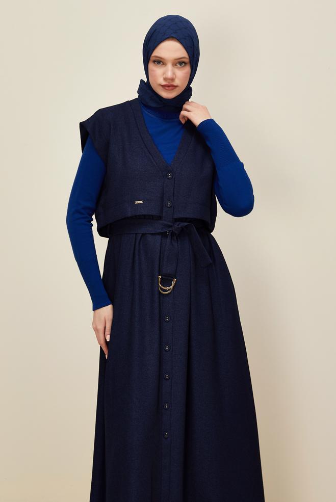 Hijab clothing NAVY BLUE BELTED PINAFORE DRESS 45944 - ALVİNA