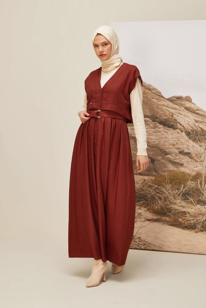 Vêtements hijab ROUGE BORDEAUX ROBE CHASUBLE CEINTURÉE 45944 - ALVİNA