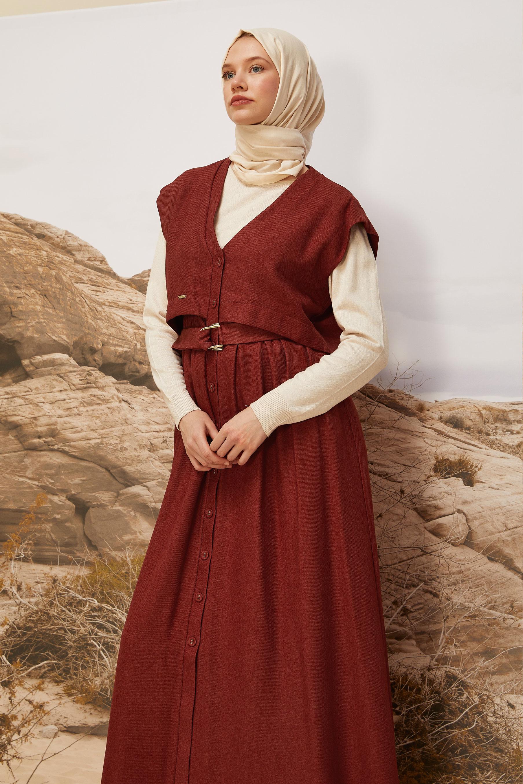 Tesettür giyim BORDO KEMERLİ JİLE ELBİSE 45944