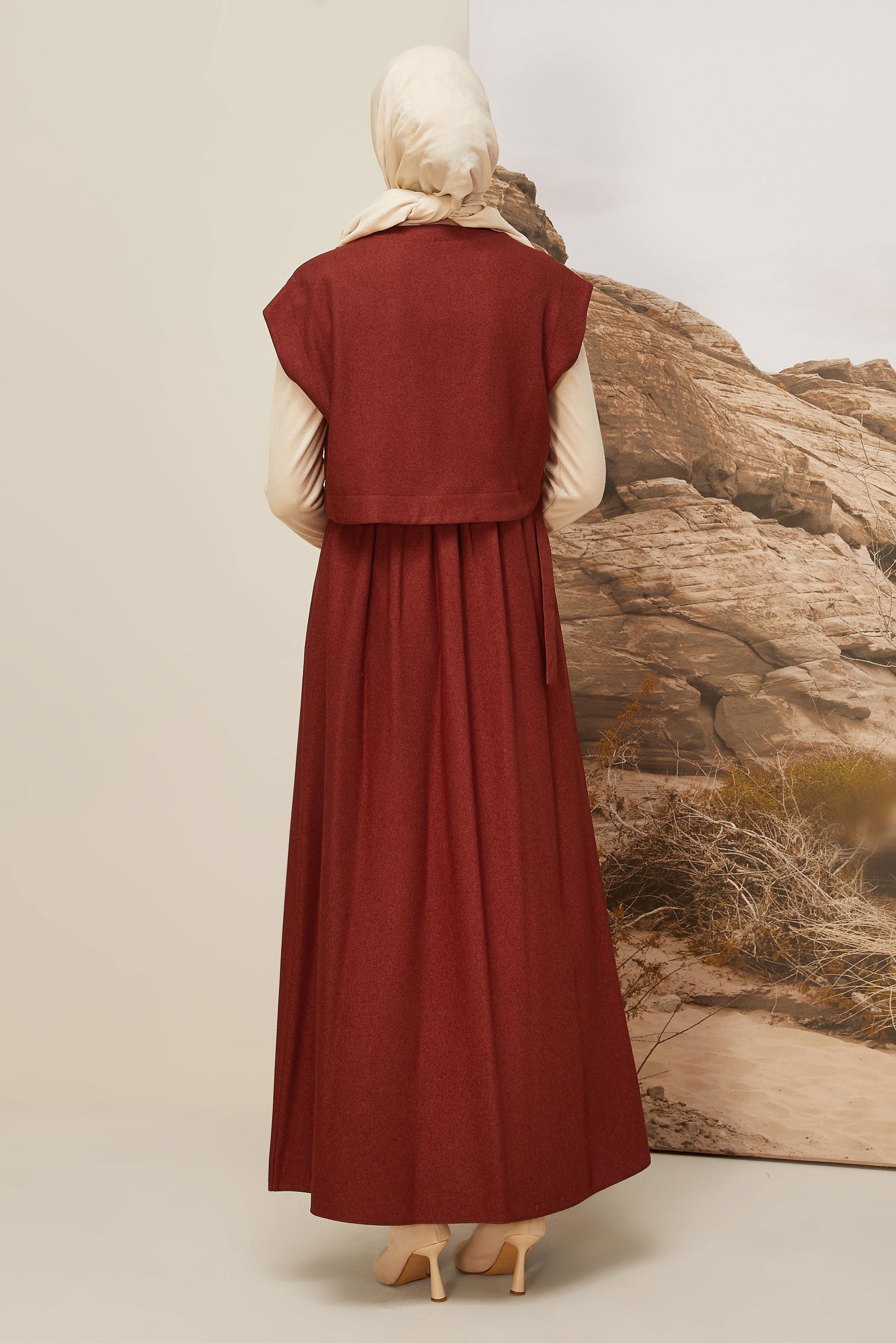 Tesettür giyim BORDO KEMERLİ JİLE ELBİSE 45944