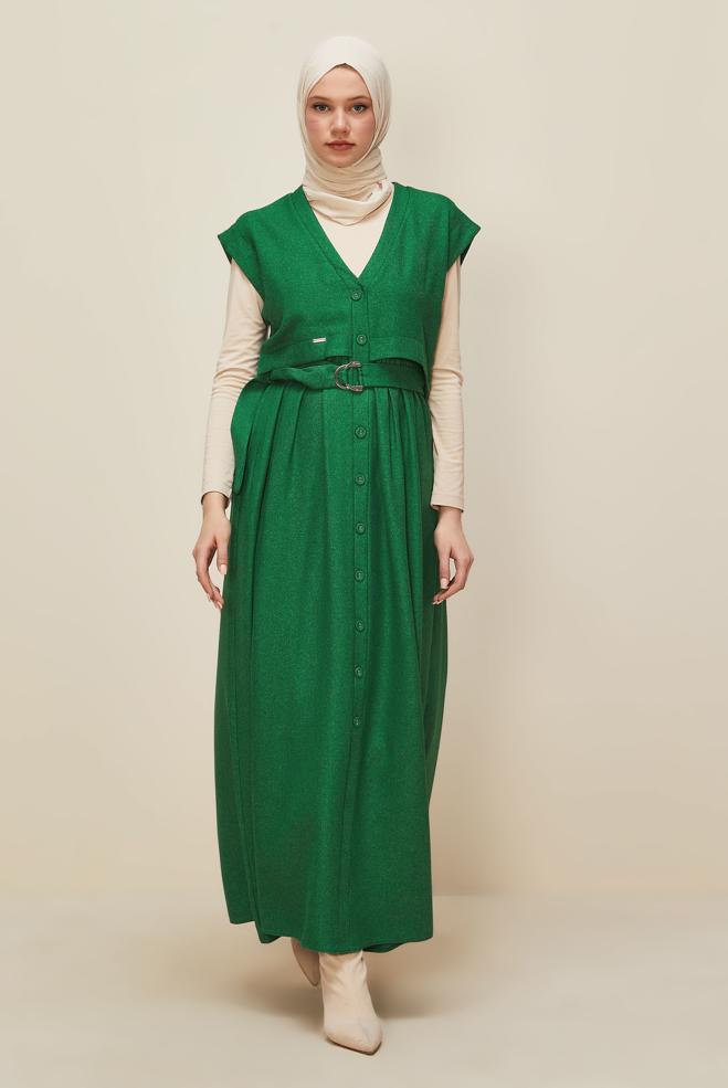 Hijab clothing GREEN BELTED PINAFORE DRESS 45944 - ALVİNA