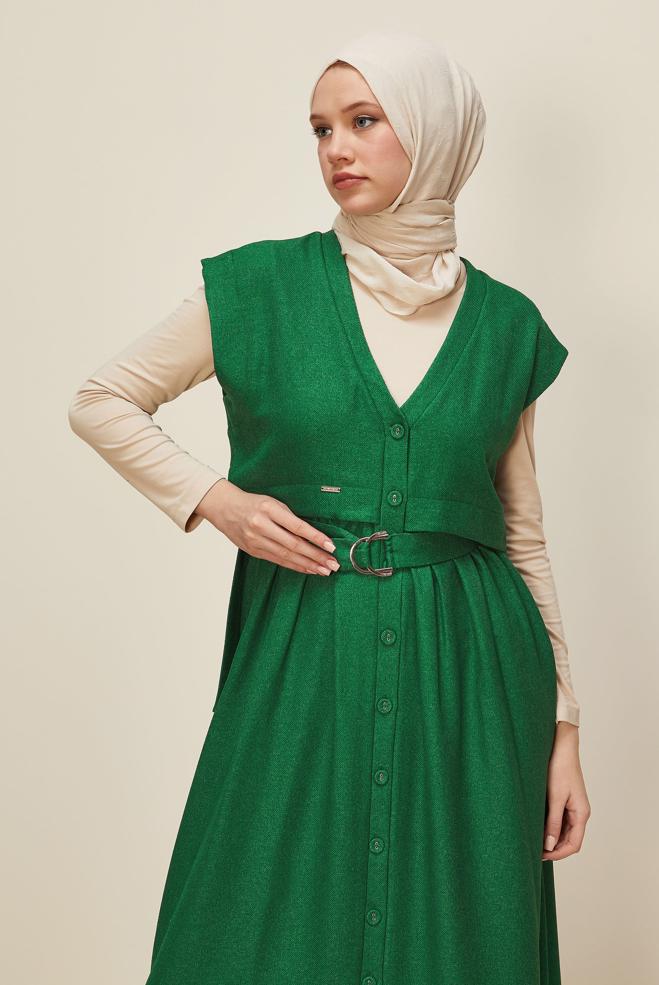 Hijab clothing GREEN BELTED PINAFORE DRESS 45944 - ALVİNA