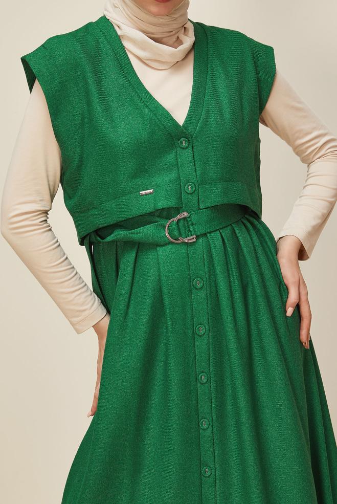 Hijab clothing GREEN BELTED PINAFORE DRESS 45944 - ALVİNA
