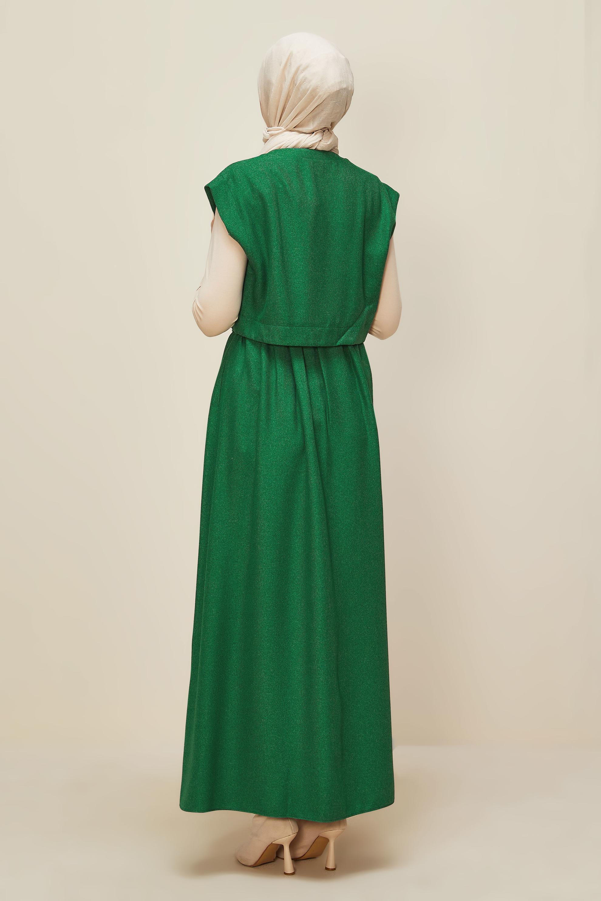 Tesettür giyim YEŞİL KEMERLİ JİLE ELBİSE 45944