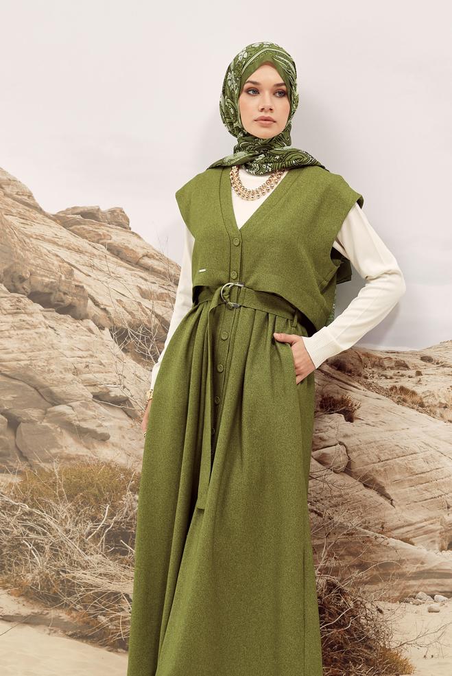 Hijab clothing GREEN BELTED PINAFORE DRESS 45944 - ALVİNA