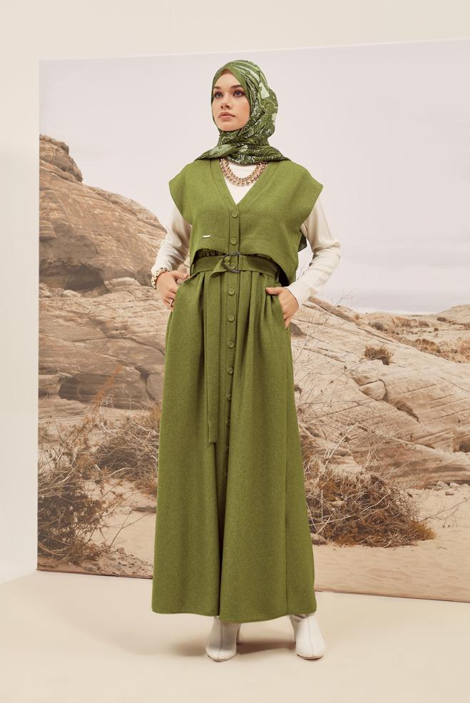 Hijab clothing GREEN BELTED PINAFORE DRESS 45944 - ALVİNA
