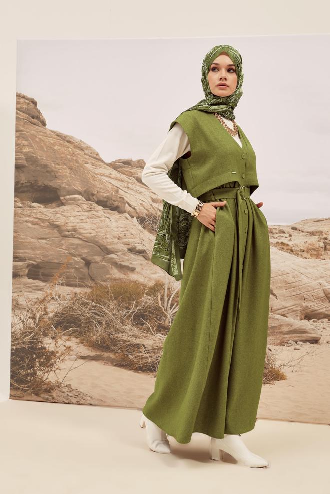 Hijab clothing GREEN BELTED PINAFORE DRESS 45944 - ALVİNA