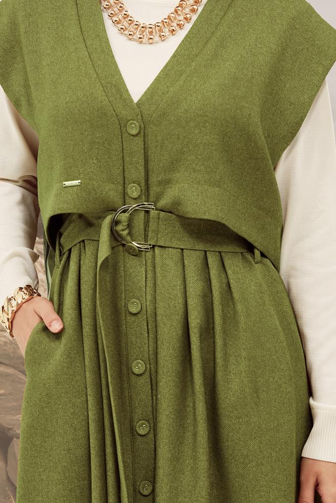Hijab clothing GREEN BELTED PINAFORE DRESS 45944 - ALVİNA