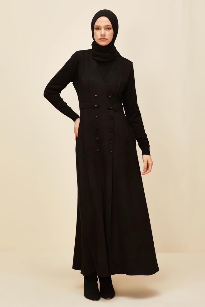 Vêtements hijab NOIR ROBE CHASUBLE EN DAIM 45947 - ALVİNA