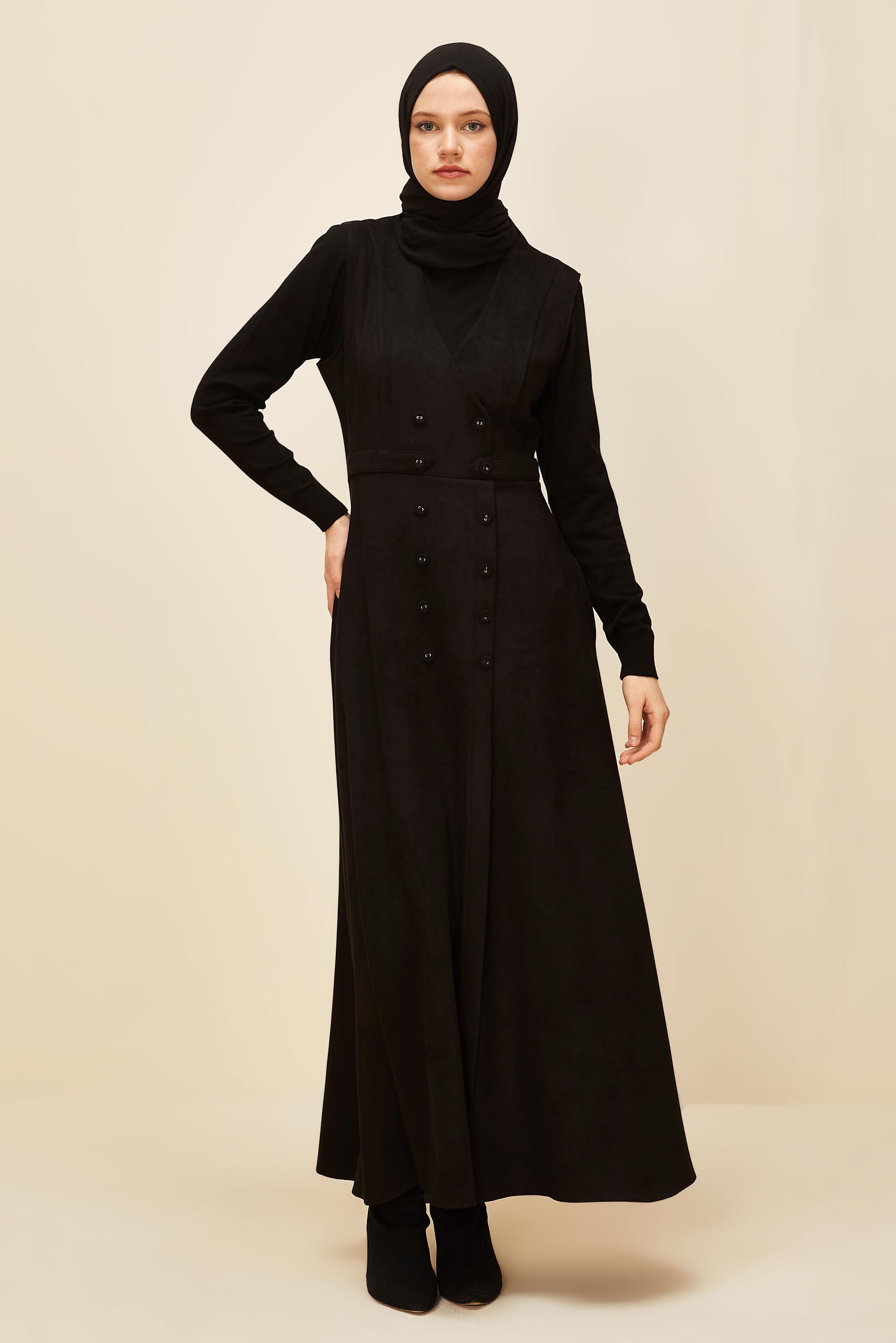 Hijab clothing BLACK SUEDE PINAFORE DRESS 45947