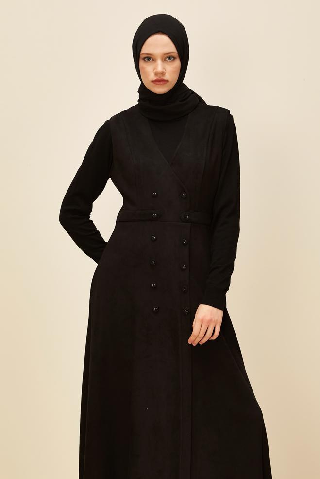 Vêtements hijab NOIR ROBE CHASUBLE EN DAIM 45947 - ALVİNA