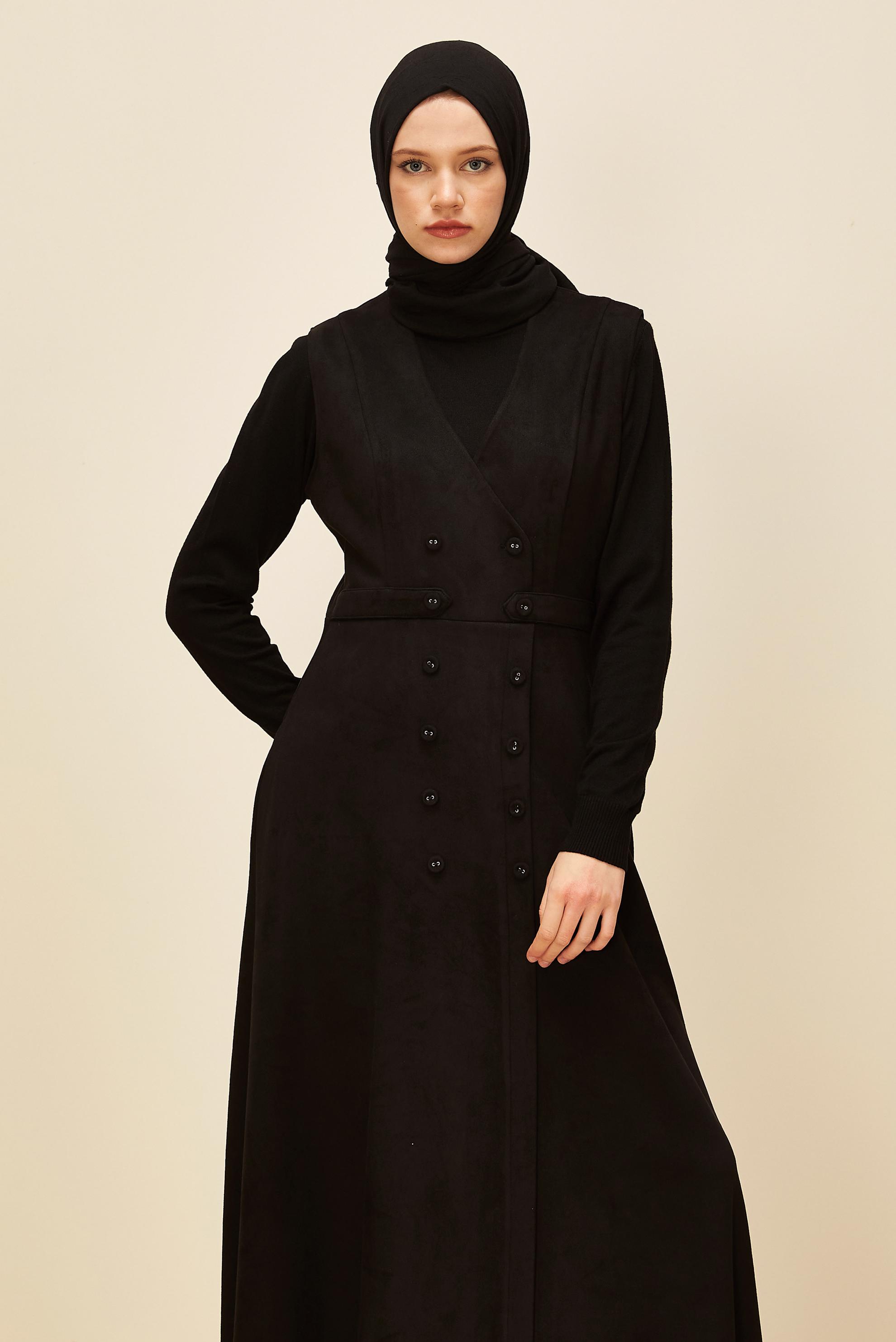 Hijab clothing BLACK SUEDE PINAFORE DRESS 45947