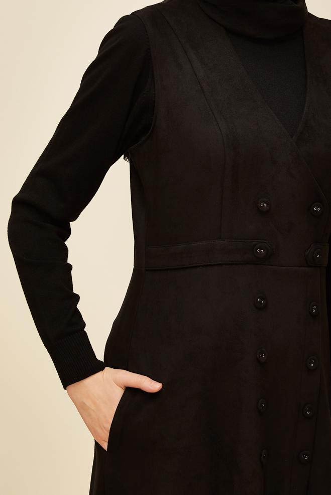 Vêtements hijab NOIR ROBE CHASUBLE EN DAIM 45947 - ALVİNA